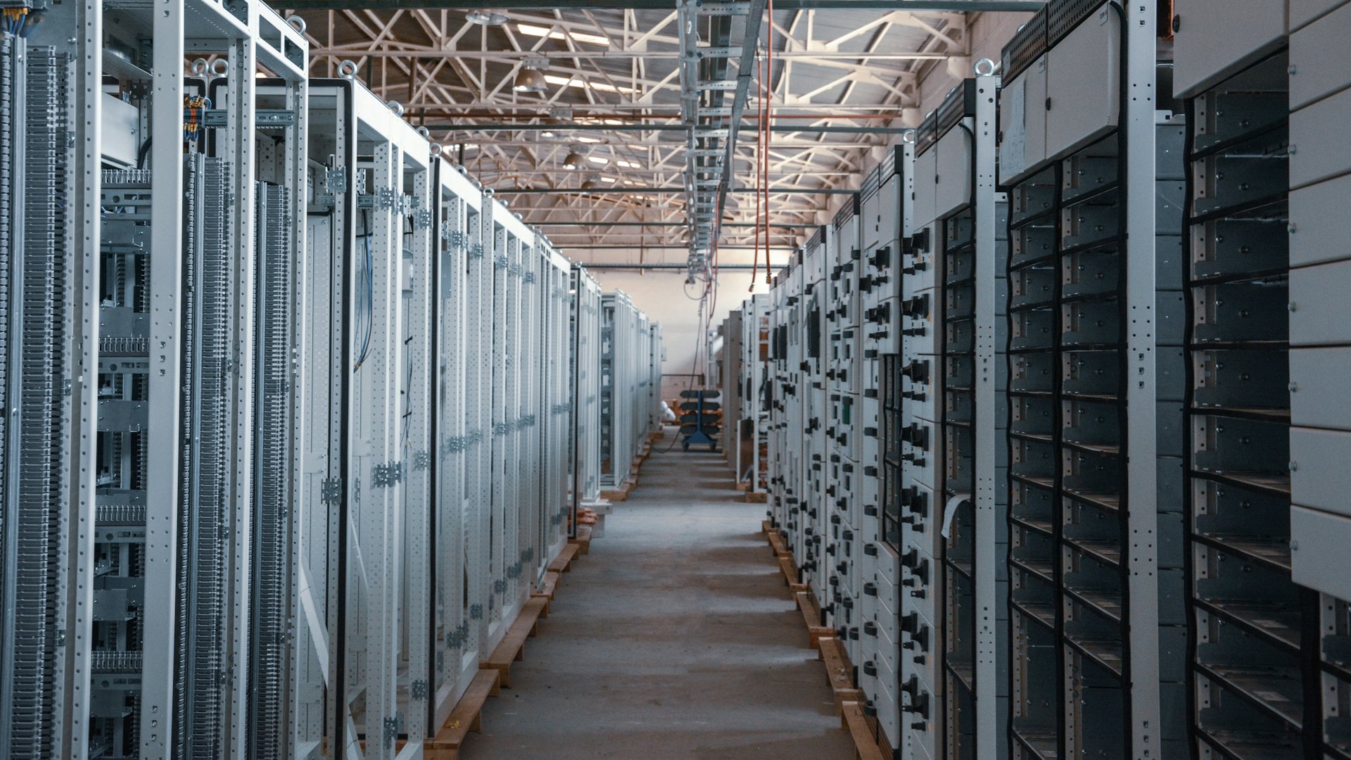 Aisle between server equipment racks in a data center