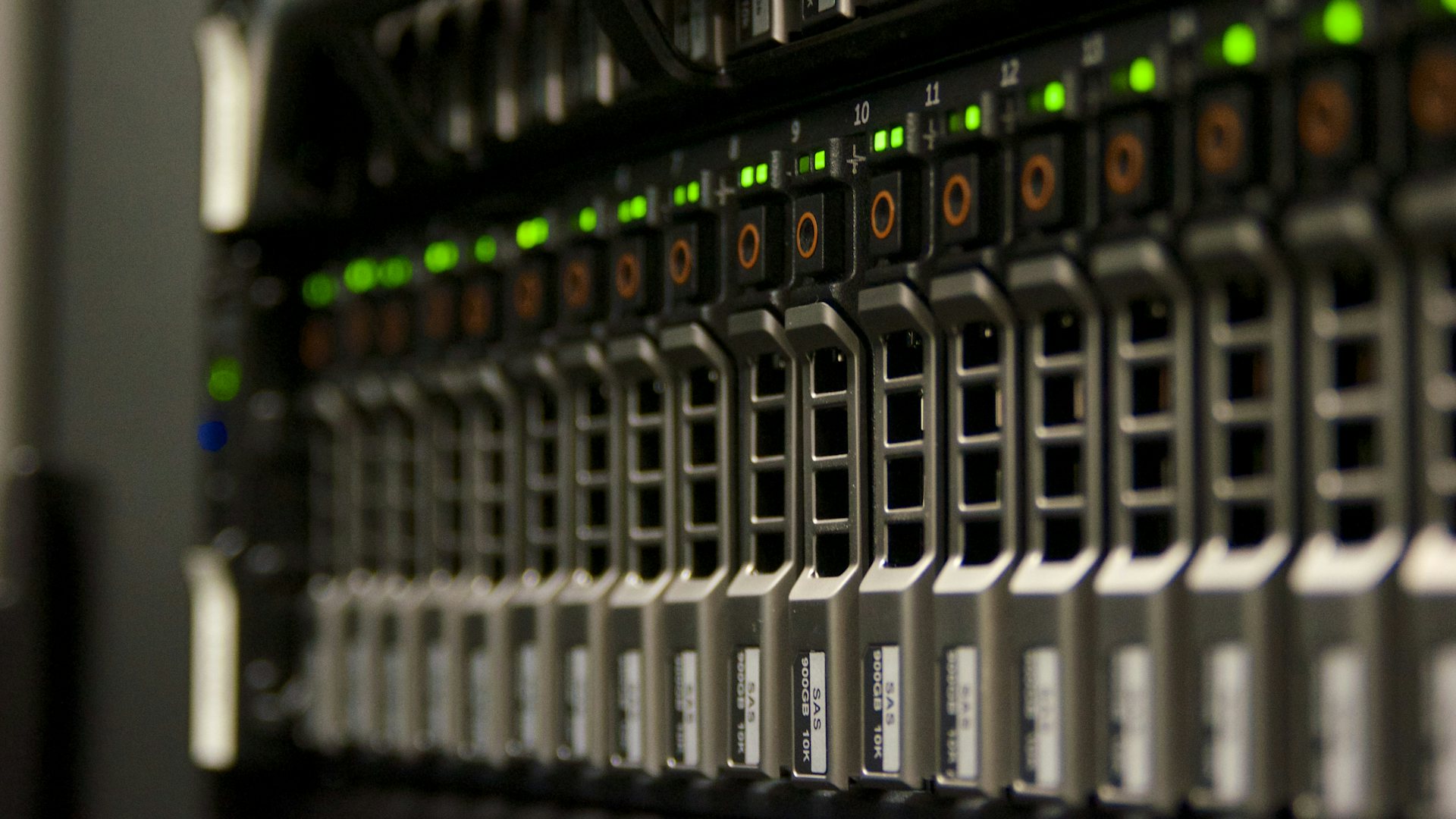 Server rack with green status lights